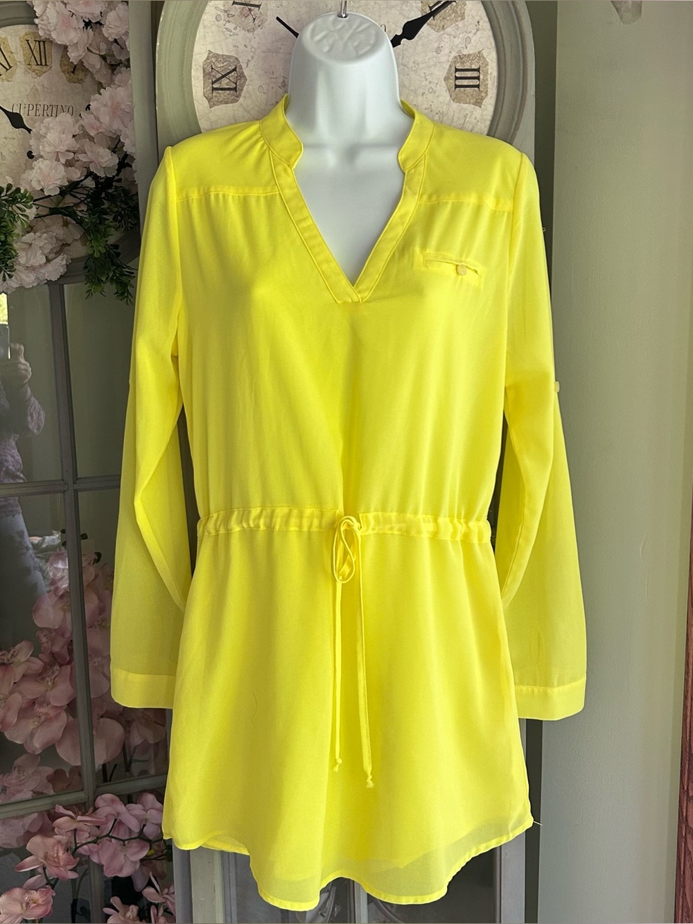 Women’s EVENUEL Bright Sunshine Yellow Mini Dress Sheer Lined Long Sleeve Size S